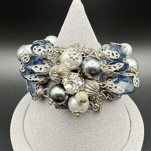 Vintage Kramer New York Blue Rhinestone Silver Tone Chunky Multi Strand Bracelet